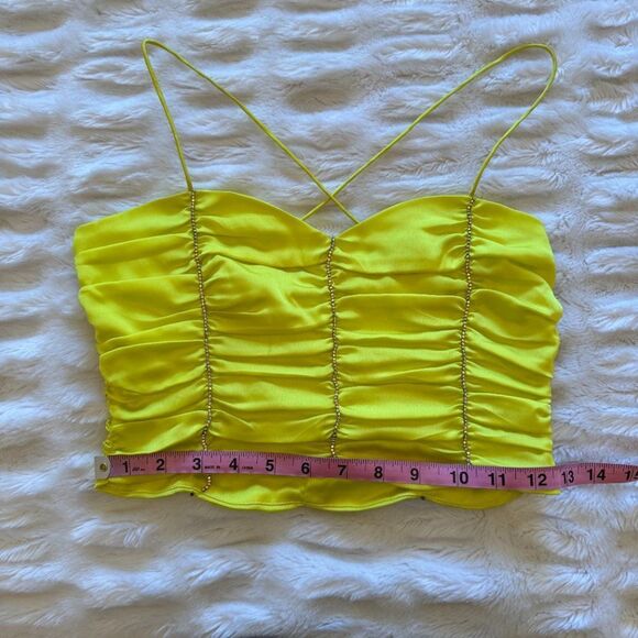 For Love and Lemons Yellow Satin Corset Ruched Crop Top with Rhinestones - Picture 9 of 13